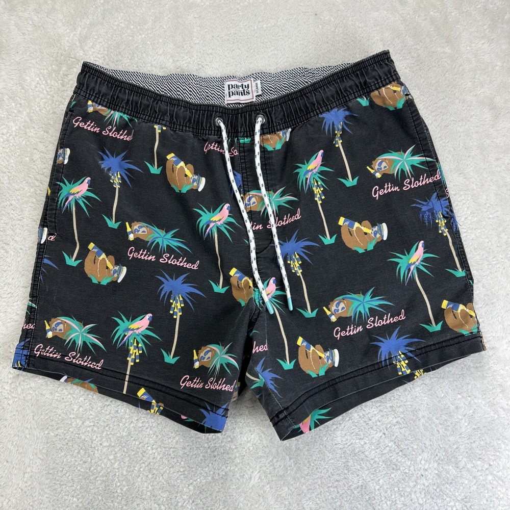 Party Pants Gettin Slothed Swim Trunks Shorts Mens XL Black Palm Tree Graphic
